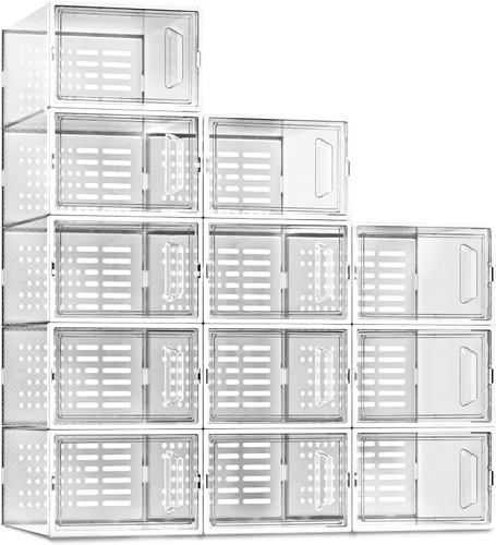 Vista 8 de SEE SPRING Cajas de almacenamiento de zapatos, organizador de zapatos apilable de plástico blanco para armario, zapatero y soporte para tenis, Negro
