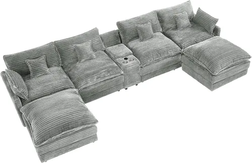 Vista 9 de Sofá de nube de 145 pulgadas, de gran tamaño, en forma de U, color gris claro, para sala de estar, sofá modular modular con otomanas y consola