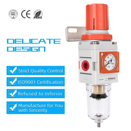 Vista 6 de NANPU 1/4 "NPT Embedded Gauge Compressed Air Filter/Regulator Piggyback Combo, Drenaje semiautomático, Elemento de latón de 5 micrones, Cuenco