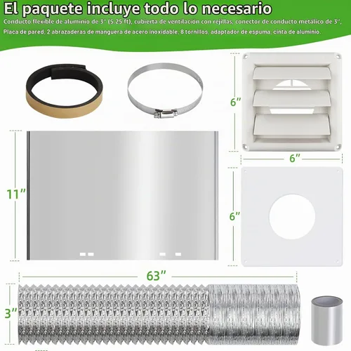 Vista 3 de Kit de ventilación de secadora de 3 pulgadas a través de la pared con manguera/conector de conducto/placa de pared, kit de ventilación de 9 ps