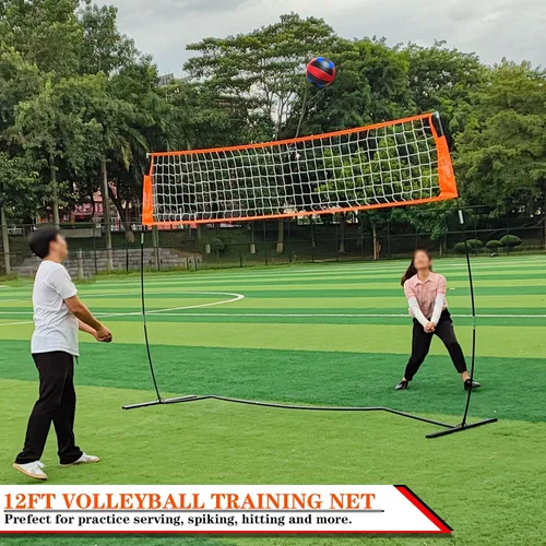 Vista 2 de Red de entrenamiento de voleibol portátil de 12 pies/18 pies para golpear o servir taladros, red de práctica independiente para exteriores e