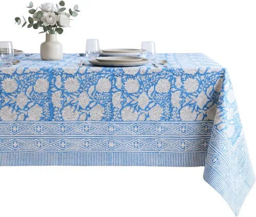 Vista 33 de ATOSII Mantel 100% algodón, Amara, floral, hecho a mano, rectangular, de lino, para cocina, comedor, fiestas, bodas, exteriores, picnics, Pascua
