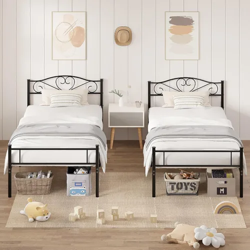 Vista 7 de VECELO Base de cama de plataforma metálica de tamaño individual de 14 pulgadas con cabecero y piecero, base de colchón resistente con soporte