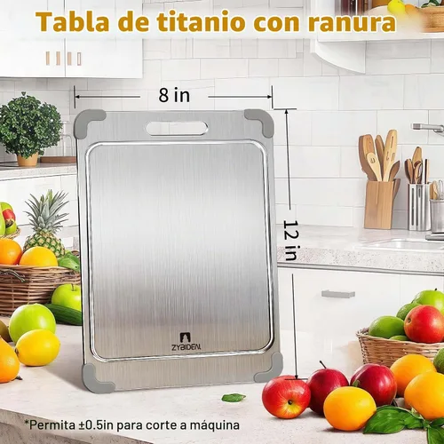 Vista 2 de Tabla de cortar de titanio puro de 12 x 8 pulgadas con ranura y esquina de silicona