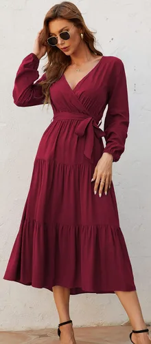 Vista 2 de Kormei Vestido largo de manga larga con cuello en V para mujer, casual, acampanado, para otoño, vintage, para fiesta, largo por debajo