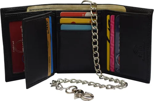 Vista 3 de Billetera triple con cadena de cuero de primera calidad con bloqueo RFID para hombre, Negro con cadena., Cartera de cadena