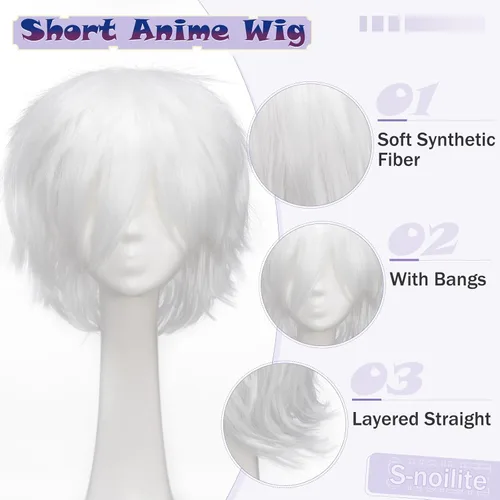 Vista 4 de Pelucas de pelo sintético lacio, corto y esponjoso. Para fiestas de cosplay, anime peluca con pelo despeinado y puntiagudo, para hombre y mujer