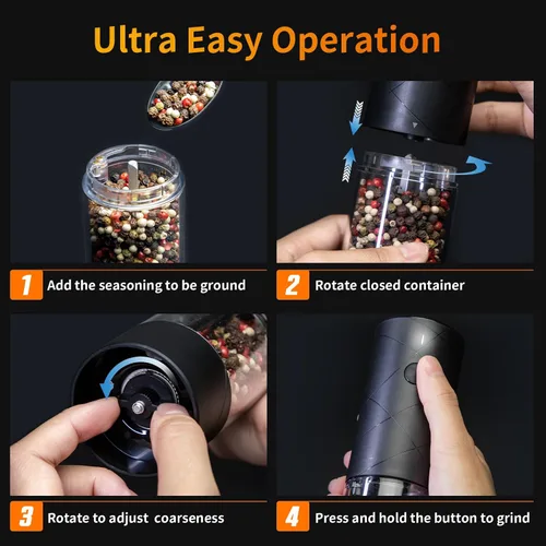 Vista 7 de 1 pieza de molinillo eléctrico de sal y pimienta USB recargable con luz LED cálida, grosor ajustable Lidaop de gran capacidad molinillo automático