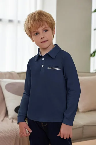 Vista 4 de Arshiner Polo de manga larga para niños, polo de algodón con bolsillo para niños