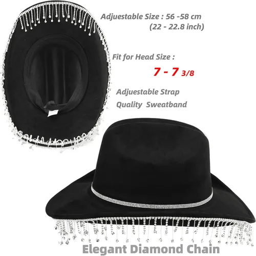 Vista 3 de Melesh Sombrero de vaquera para mujer, sombrero de vaquero occidental con flecos de diamantes de imitación