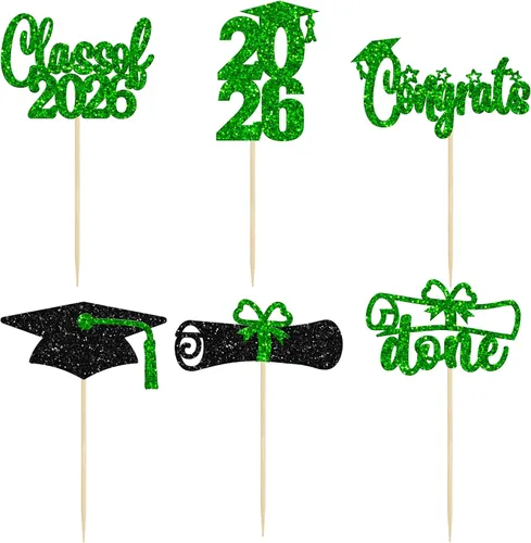 Vista 3 de Paquete de 24 adornos para cupcakes de clase 2026 con purpurina 2026 Felicidades Graduación Diploma Done Cupcake Picks 2026 Graduación Temática