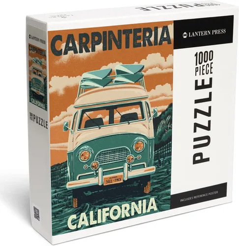 Vista 2 de Lantern Press Carpinteria, California, Letterpress, Camper Van 1000 Piece Jigsaw Puzzle for Adults, Made in USA with Reference Poster