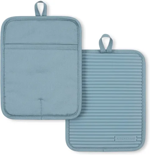Vista 12 de KitchenAid - Juego de 2 agarraderas de silicona suave y acanalada, impermeables, terciopelo azul