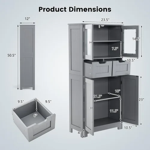 Vista 3 de COSTWAY Armario de almacenamiento de baño, organizador de baño independiente con puertas de vidrio, 2 cajones y 2 estantes ajustables, armario alto