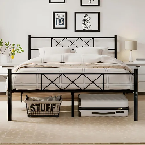Vista 14 de VECELO Base de cama de tamaño individual con cabecero, base de cama resistente con listones de metal fuertes, no necesita somier y fácil montaje
