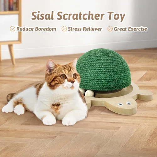 Vista 2 de Fhiny Pelota rascador para gatos, juguete rascador de sisal natural con pista de rodillos y base de madera con forma de tortuga para gatos