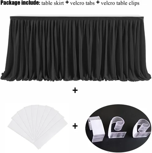 Vista 3 de Falda de mesa plisada negra de 5 pies de longitud para escritorio rectangular, baby shower, boda, cumpleaños, revelación de género, fiesta, postre