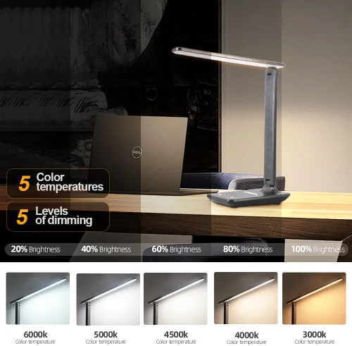 Vista 5 de Lámpara LED de escritorio para oficina en casa, puerto de carga USB, lámpara de mesa regulable, lámpara de mesa plegable, control táctil, 5 modos
