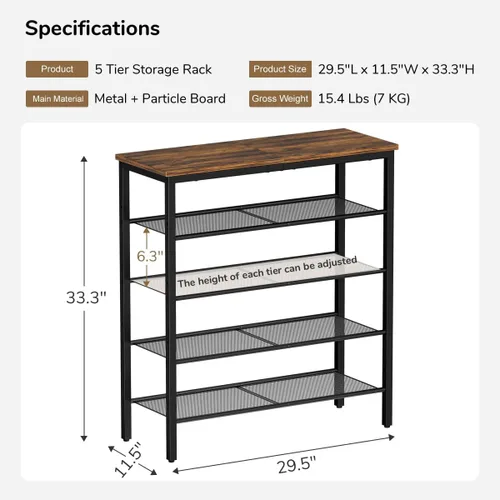 Vista 3 de Zapatero organizador de 5 niveles con 4 estantes de malla metálica para 15-20 pares, zapateros de pie independiente, para entrada, pasillo, armario