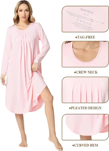 Vista 4 de NACHILA Camisón de bambú para mujer, manga larga, cuello redondo, plisado, tallas S-4XL