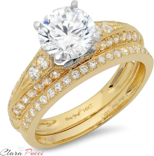 Vista 8 de Clara Pucci Juego de anillos de compromiso de boda de 210 quilates con diamantes de imitación de corte redondo y circonita cúbica de oro blanco