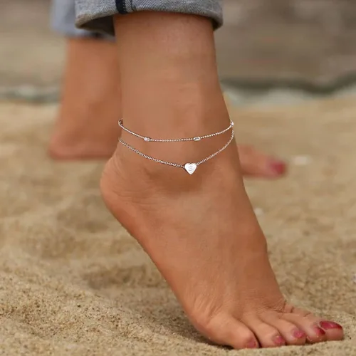 Vista 4 de Moodear Tobilleras de plata para mujer Tobilleras impermeables de plata de ley en capas delicadas con dije inicial de corazón A-Z para ella