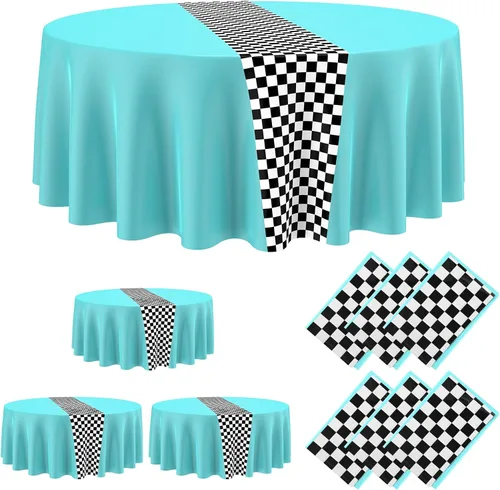 Vista 18 de Oudain 3 piezas de suministros para fiesta de cumpleaños de autos, decoraciones para fiestas de carreras, mantel redondo de carreras con bandera a