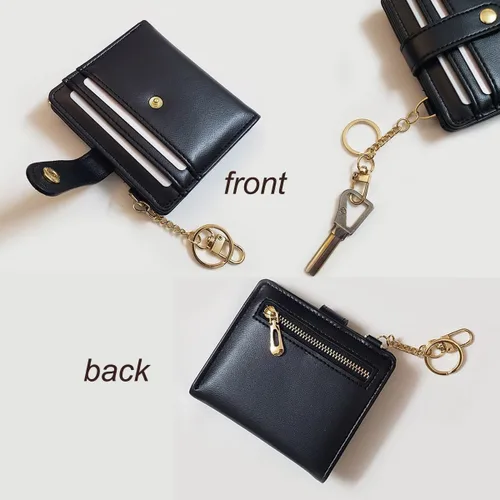 Vista 2 de Cartera pequeña para mujer, con bloqueo RFID, de cuero, plegable, compacta, tarjetero para mujer, con bolsillo con cremallera y ventana de Negro