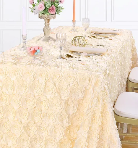 Vista 13 de QueenDream Mantel de roseta dorada de 90 x 132 pulgadas, mantel floral rústico para bodas, fiestas de cumpleaños, eventos y decoración