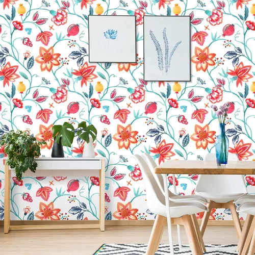Vista 3 de VaryStyle Papel tapiz floral rojo naranja para despegar y pegar, bohemio, 17.7 x 118 pulgadas, papel de contacto con flores de bosque tropical