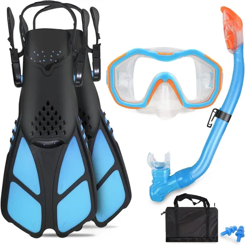 Vista 12 de Juego de esnórquel para niños – Aletas ajustables + máscara de esnórquel panorámica + tubo de esnórquel seco + bolsas de viaje – Adecuado para niños