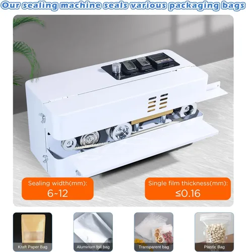Vista 2 de Máquina automática de sellado continuo de bandas de bolsas, control digital de temperatura, velocidad ajustable, máquina selladora térmica