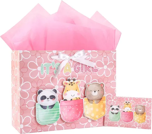 Vista 18 de Loveinside Bolsa de regalo para bebé niño con papel de seda y tarjeta de felicitación para baby shower, nuevos padres y más, diseño animal azul, 16