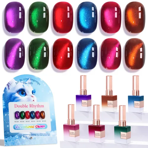 Vista 16 de Double Rhythm - Juego de esmalte de uñas de gel ojo de gato de 6 unidades, mismo color, misma botella, 14.8 ml, brillo con glitter, con imán Aurora