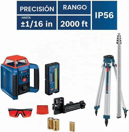 Vista 11 de BOSCH GRL2000-40HK REVOLVE Kit de láser rotativo horizontal autonivelante, incluye trípode, varilla de grado, receptor láser, 2 baterías D, 2