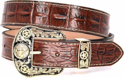 Vista 21 de Western Cowboy - Cinturón de cuero genuino con hebilla grabada, estilo country rodeo para hombre 8052 2cocodrilo Cf