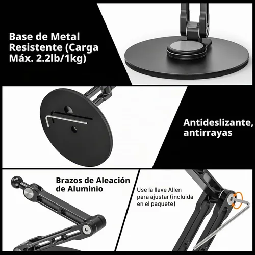 Vista 5 de Soporte para iPad, soporte de escritorio para tableta, oficina, cocina, dormitorio, base giratoria de 360°, ajustable, plegable, soporte