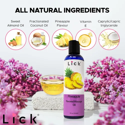 Vista 8 de Lick Aceite de masaje con sabor a piña con vitamina E, aceite corporal dulce comestible para masaje de parejas, mezcla de aceite de coco fraccionado