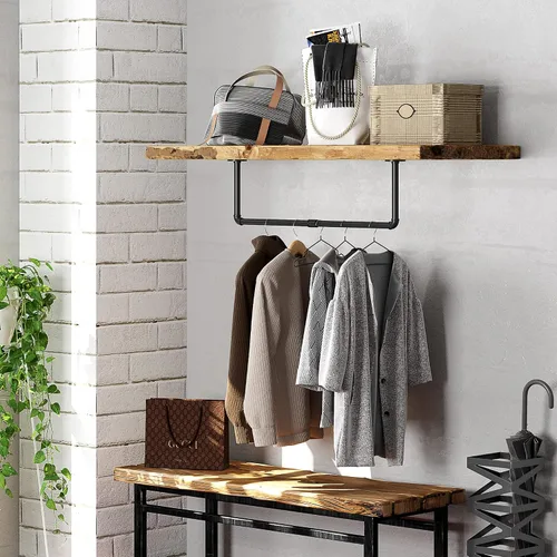 Vista 3 de Perchero industrial para ropa de tubería montado en la pared, resistente que ahorra espacio, barra de ropa desmontable multiusos para colgar, 24