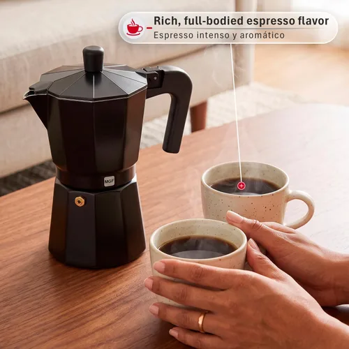 Vista 4 de Magefesa Kenia Noir - Olla de café expreso, 3 tazas/5 onzas, cafetera italiana para café cubano, aluminio extragrueso, mango resistente al calor
