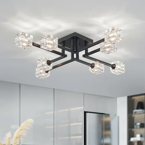 Vista 22 de XINGQI Lámpara de techo moderna de 6 luces, lámpara de montaje semiempotrado Sputnik, lámparas de araña doradas en negro para recámara, comedor