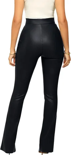 Vista 2 de Pantalones de piel sintética para mujer, cintura alta, costura frontal, dobladillo dividido, pantalones de piel sintética
