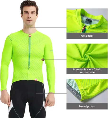 Vista 21 de Santic - Camiseta de ciclismo para hombre, manga larga, reflejante, cremallera completa, con bolsillos