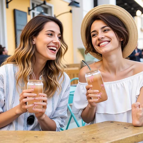 Vista 4 de Tazas de vidrio lindas con moño rosa y tapas y popotes, taza estética de café helado, taza de diseño preppy femenino, regalos de cumpleaños y San