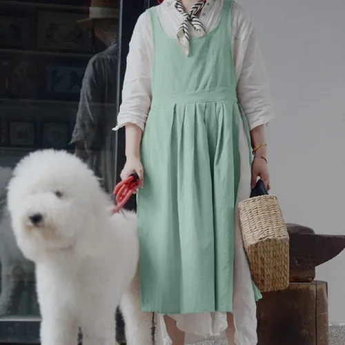 Vista 2 de Delantal plisado vintage para mujeres y niñas, cuello en V, para jardinería, de algodón, vestido de pinafore Verde