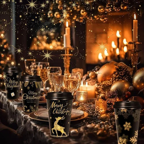 Vista 4 de Uiifan Paquete de 50 Tazas de Café Navideñas de 16 oz a Granel Negras Doradas con Copos de Nieve Tazas Desechables Tazas de Papel Feliz Navidad