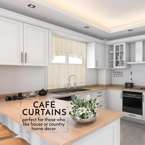 Vista 2 de American Linen - Cortinas para cafetería para cocina, cortinas de baño con cenefa, borde de encaje bordado. (Beige) Incluye cenefa a juego
