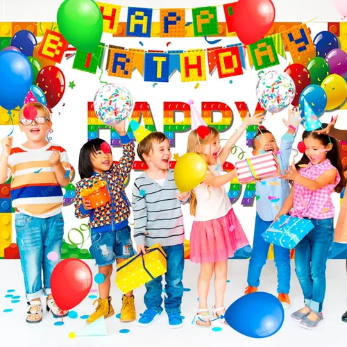 Vista 3 de Bloques de construcción, suministros para fiesta de cumpleaños, 10 invitados, bloques de construcción, bloques de construcción, platos de fiesta