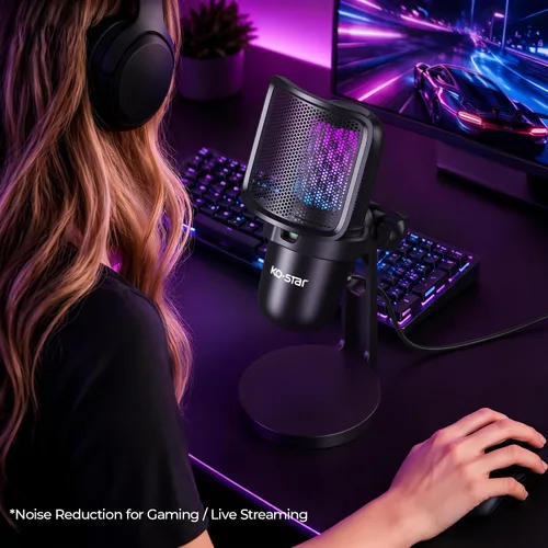 Vista 5 de Micrófono USB para juegos de transmisión, micrófono de escritorio de condensador de PC para video, uso doméstico, YouTube, con control RGB, perilla