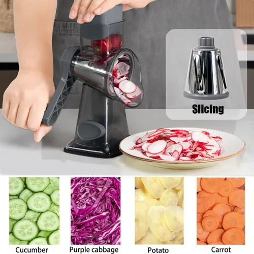 Vista 3 de Rallador giratorio de queso con asa, rebanador de verduras de mandolina manual, triturador de zanahorias, molinillo de nueces con 3 cuchillas